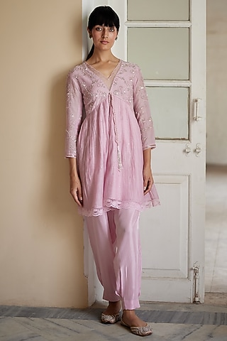 Blush Pink Chanderi Hand Embroidered Peplum Kurta Set by Label Nimbus