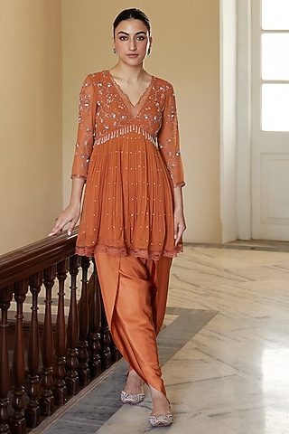 Rust Georgette Hand Embroidered Peplum Kurta Set by Label Nimbus