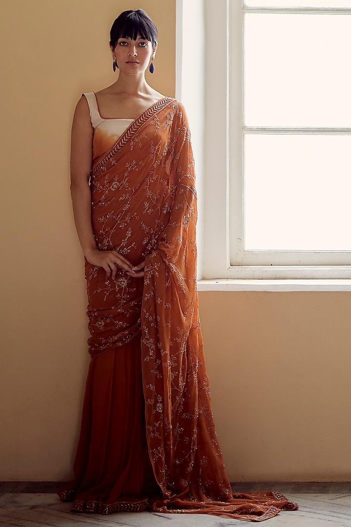 Rust Georgette Hand Embroidered Pre-Draped Saree Set by Label Nimbus