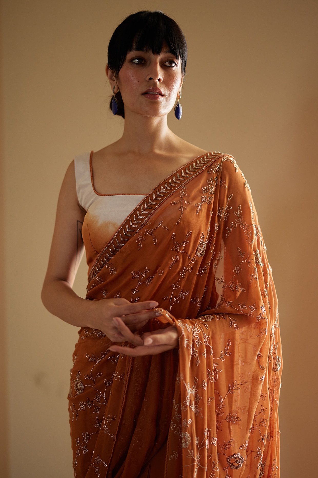 Printed Georgette Party Wear Rust Saree Online | Bagtesh Fashion