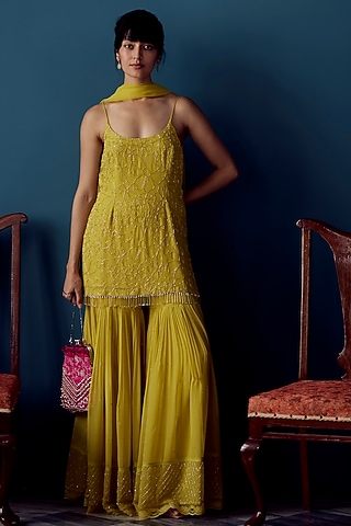 Lime Green Georgette Hand Embroidered Sharara Set by Label Nimbus