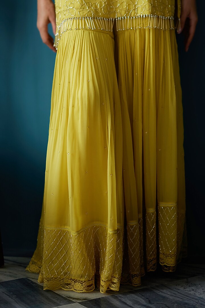 Lime Green Georgette Hand Embroidered Wedding Sharara Set by Label Nimbus at Pernia's Pop Up Shop