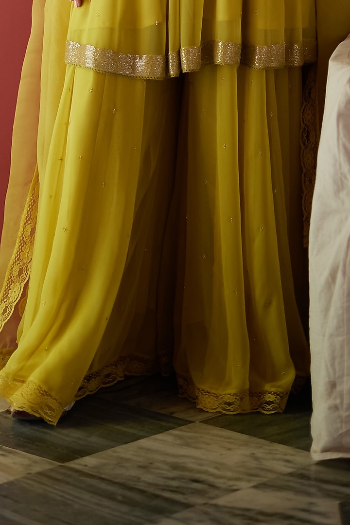 Lime Green Georgette Hand Embroidered Wedding Sharara Set by Label Nimbus at Pernia's Pop Up Shop