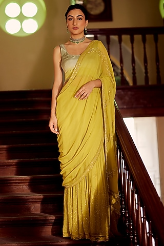 Lime Green Georgette Salli Embroidered Sharara Set by Label Nimbus