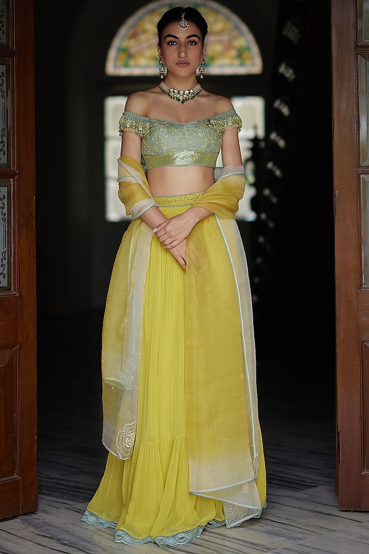 Lime Green Georgette Hand Embroidered Lehenga Set by Label Nimbus