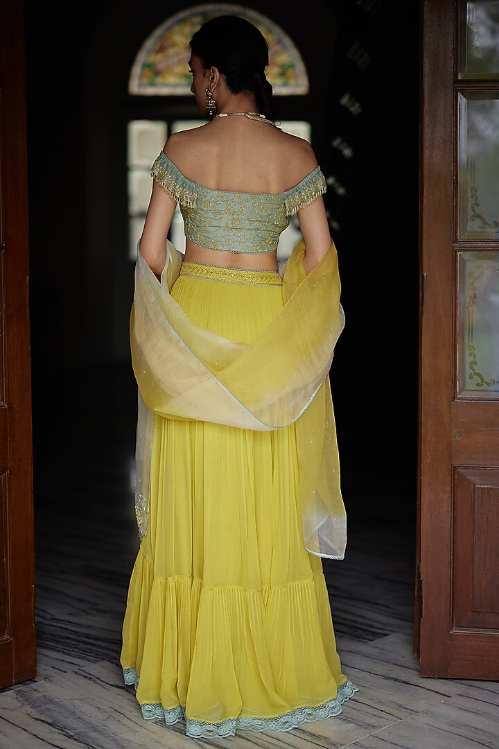 Lime Green Georgette Hand Embroidered Wedding Lehenga Set by Label Nimbus at Pernia's Pop Up Shop