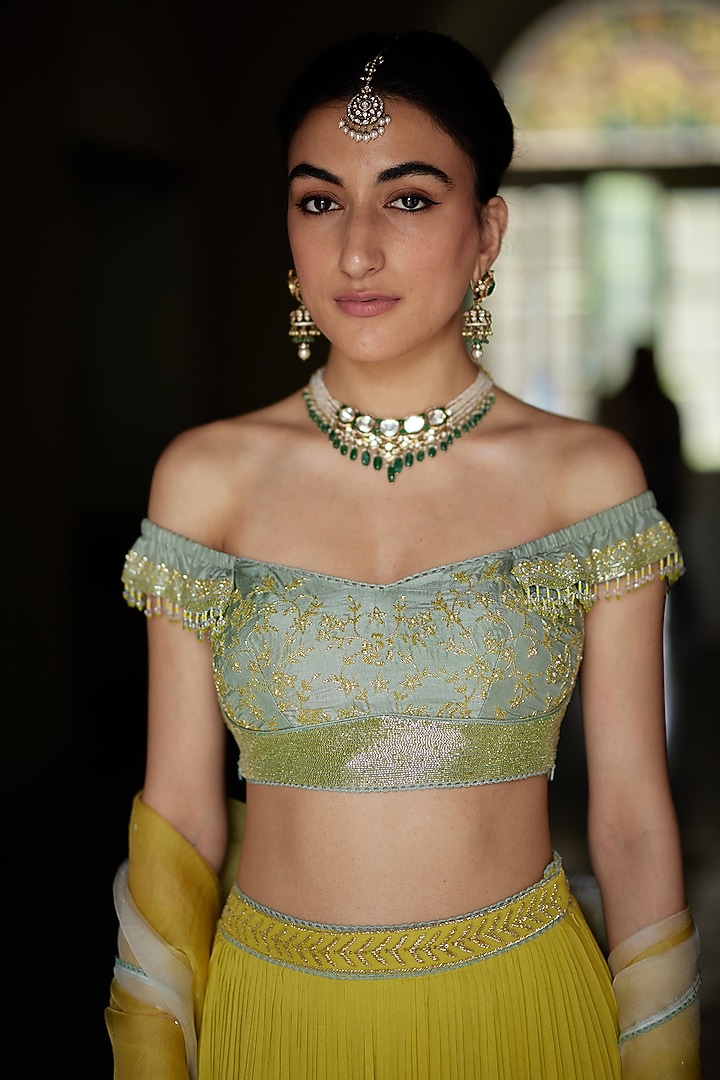 Lime Green Georgette Hand Embroidered Wedding Lehenga Set by Label Nimbus at Pernia's Pop Up Shop