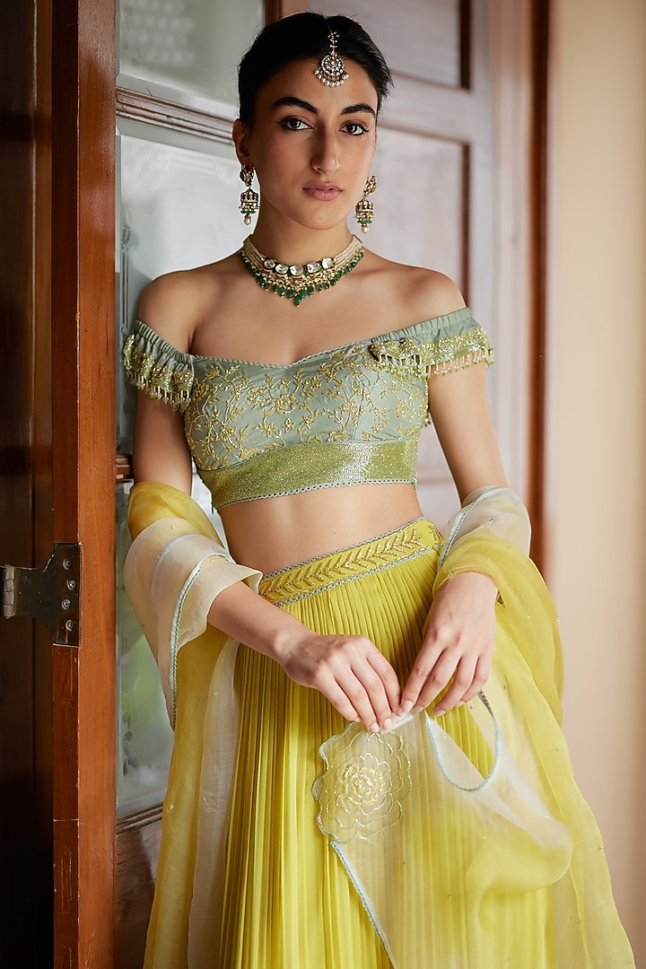 Lime Green Georgette Hand Embroidered Wedding Lehenga Set by Label Nimbus at Pernia's Pop Up Shop