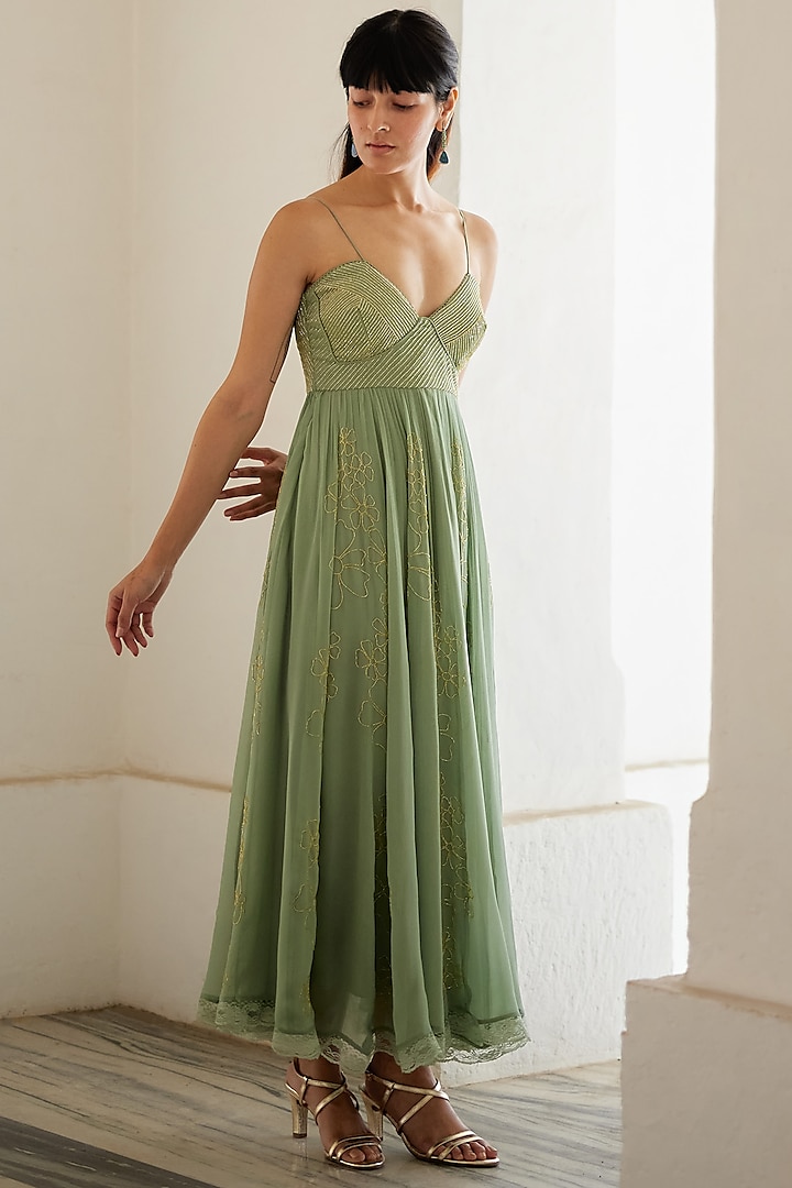 Sage Green Georgette Hand Embroidered Maxi Dress by Label Nimbus