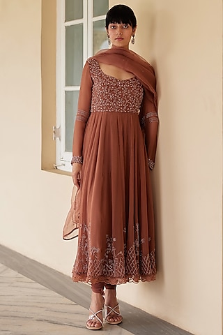 Nutmeg Georgette Hand Embroidered Anarkali Set by Label Nimbus