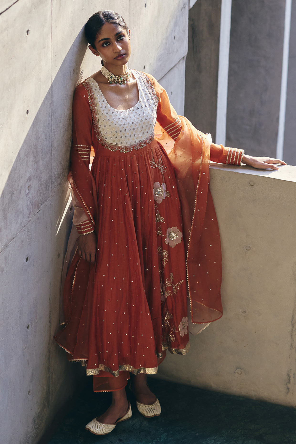 Burnt Orange Chanderi Hand Embroidered Wedding Anarkali Set by Label Nimbus at Pernia's Pop Up Shop