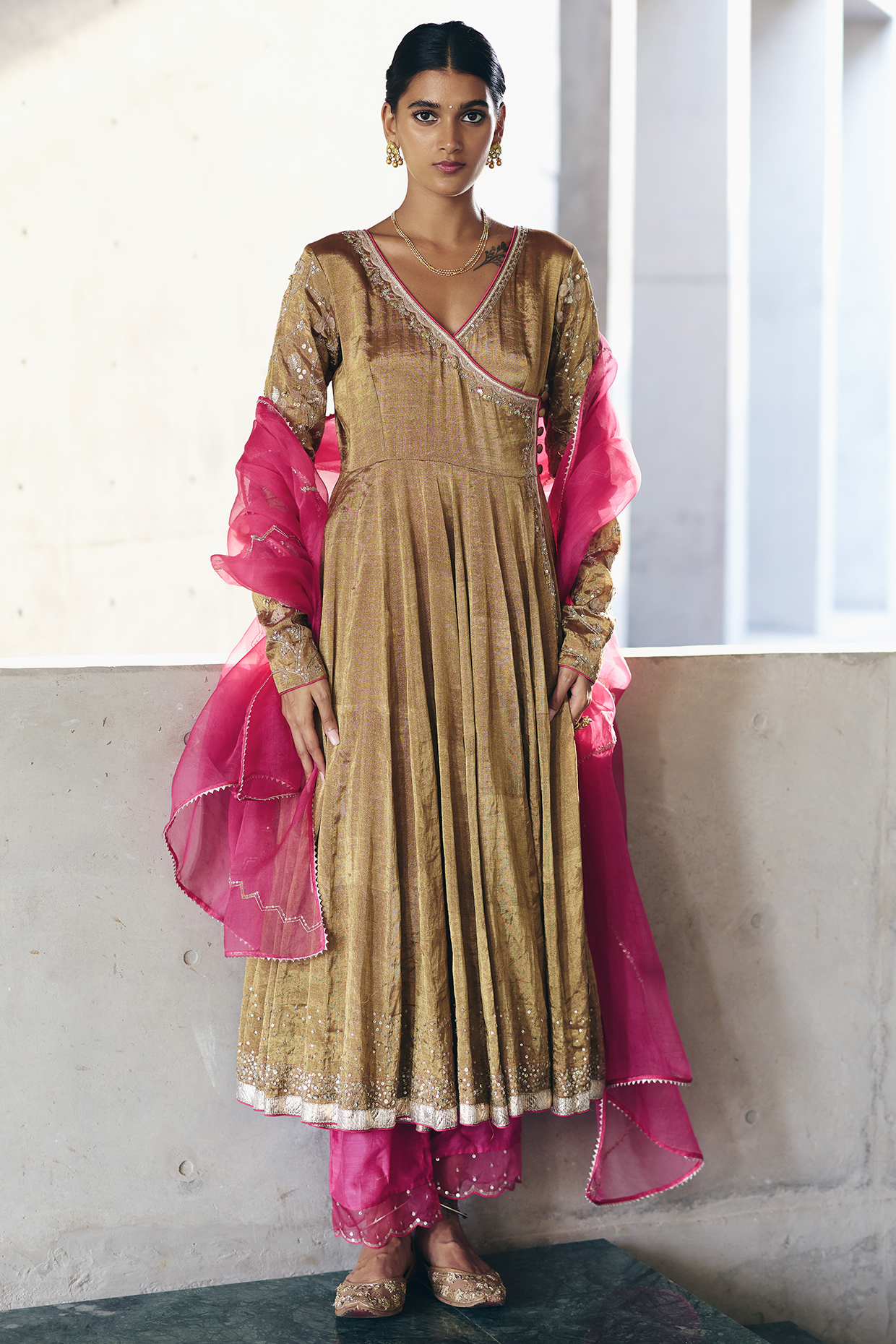 Bronze Tissue Hand Embroidered Wedding Anarkali Set by Label Nimbus at Pernia's Pop Up Shop