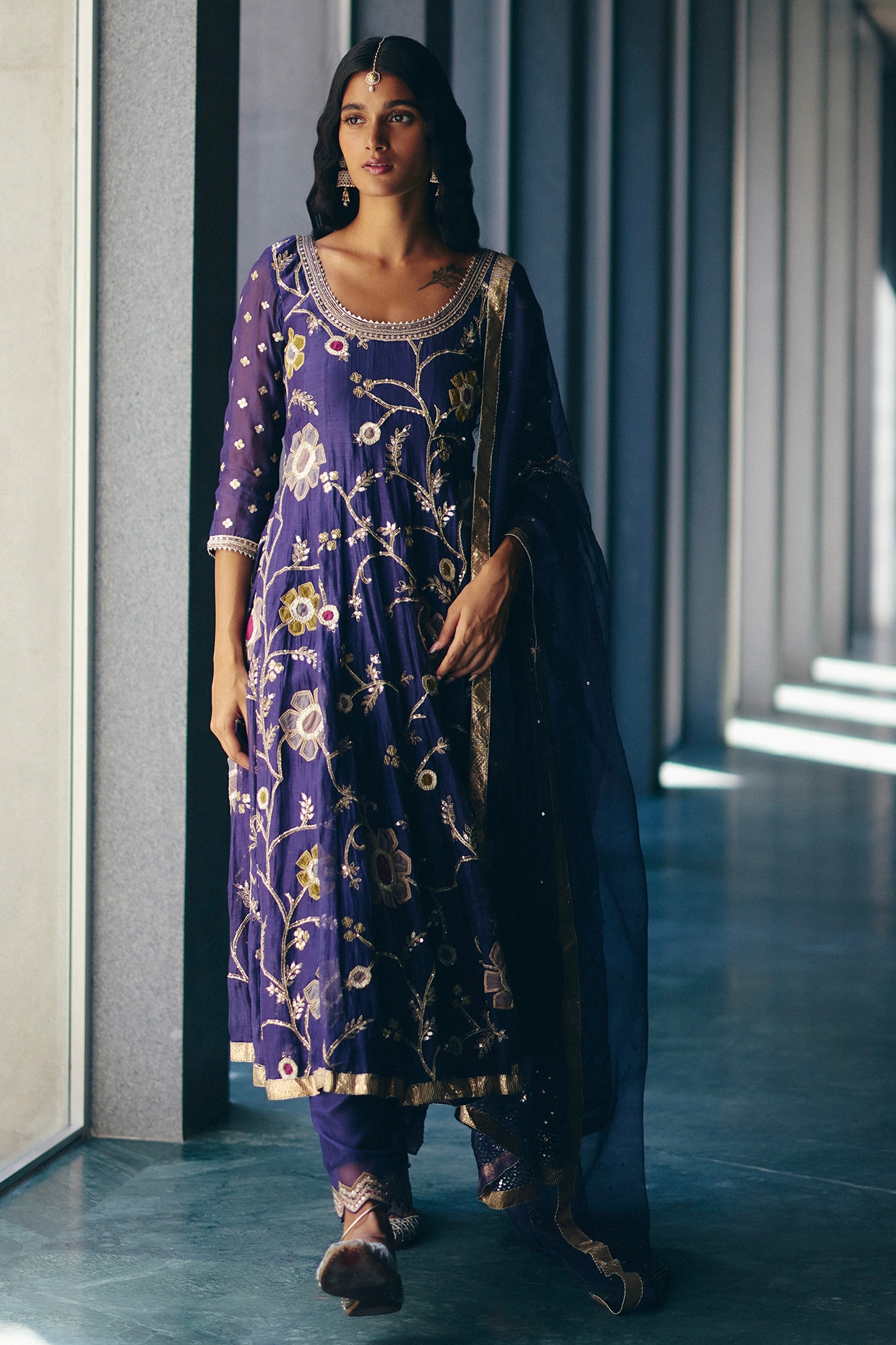Blue Embroidered Chanderi Anarkali Set