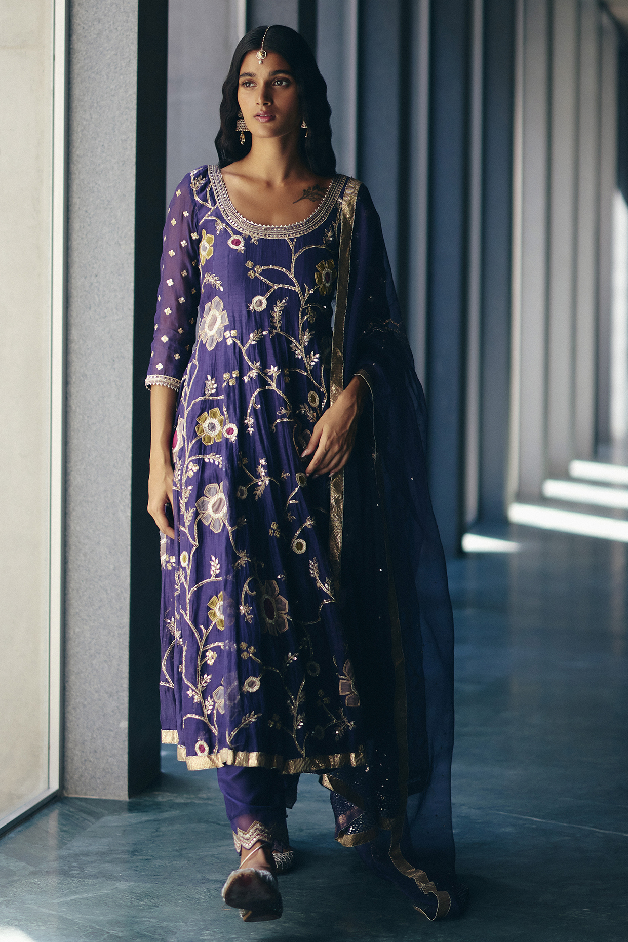 Iris Blue Chanderi Hand Embroidered Wedding Anarkali Set by Label Nimbus at Pernia's Pop Up Shop