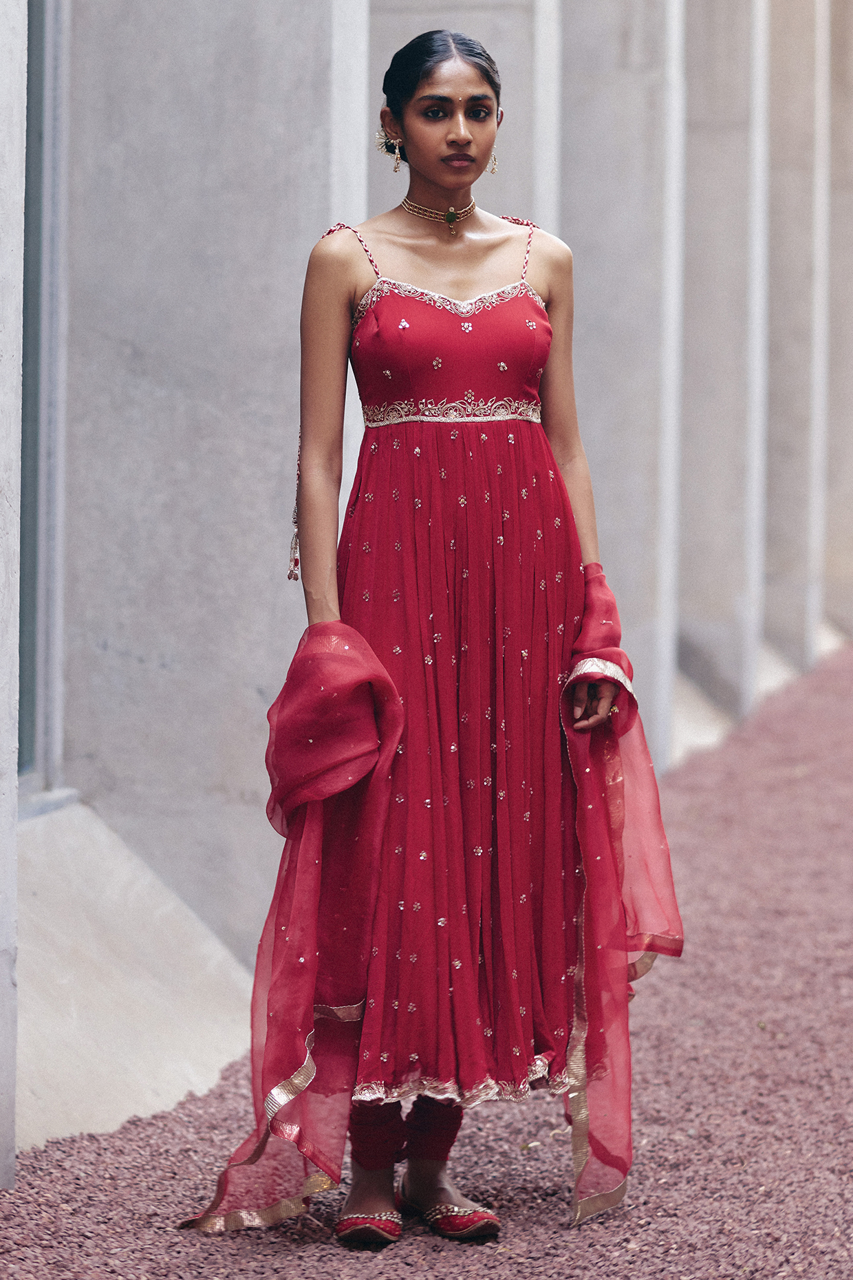 Red Chiffon Hand Embroidered Wedding Anarkali Set by Label Nimbus at Pernia's Pop Up Shop