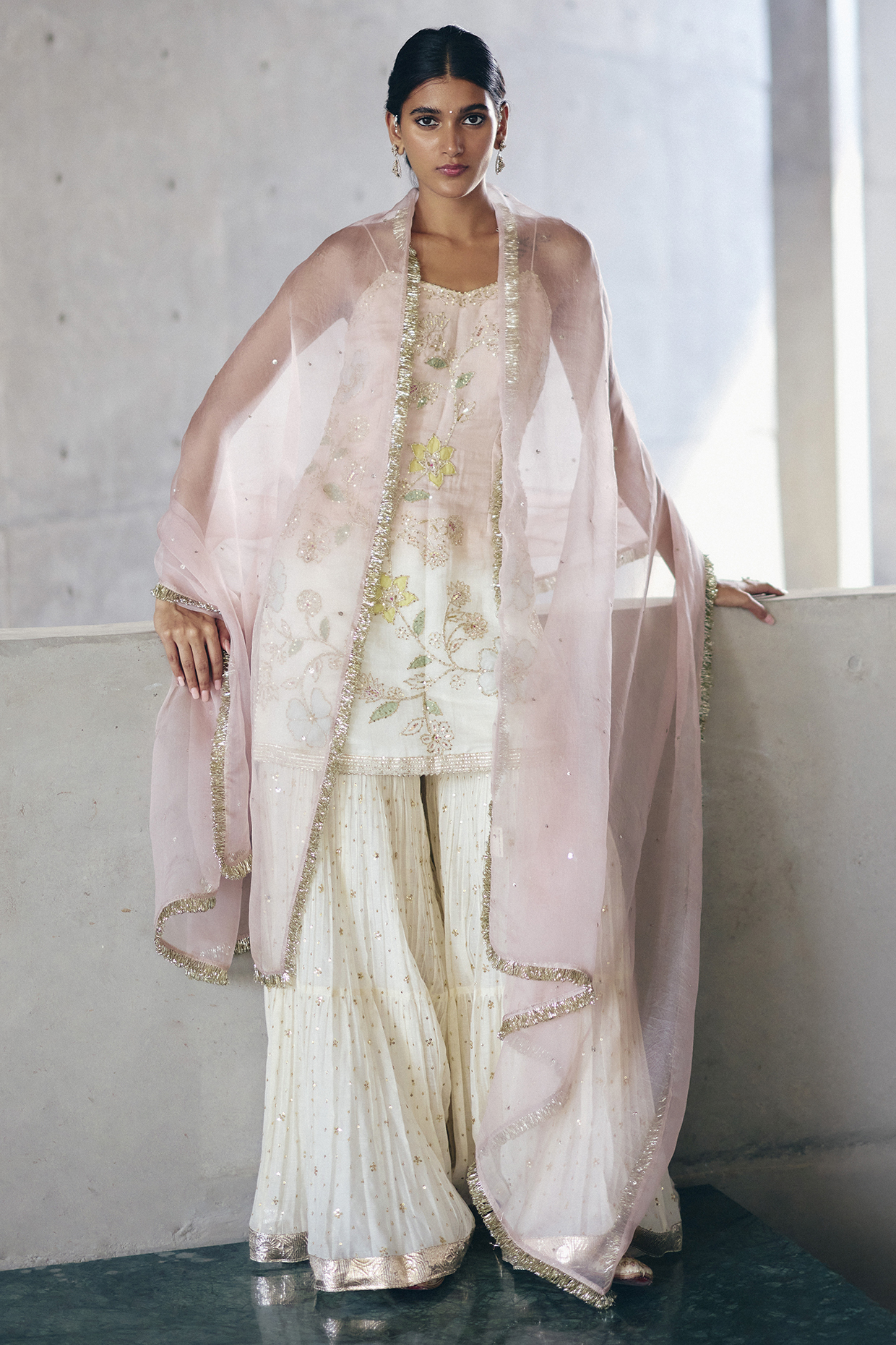 Ivory Chanderi Hand Embroidered Wedding Sharara Set by Label Nimbus at Pernia's Pop Up Shop