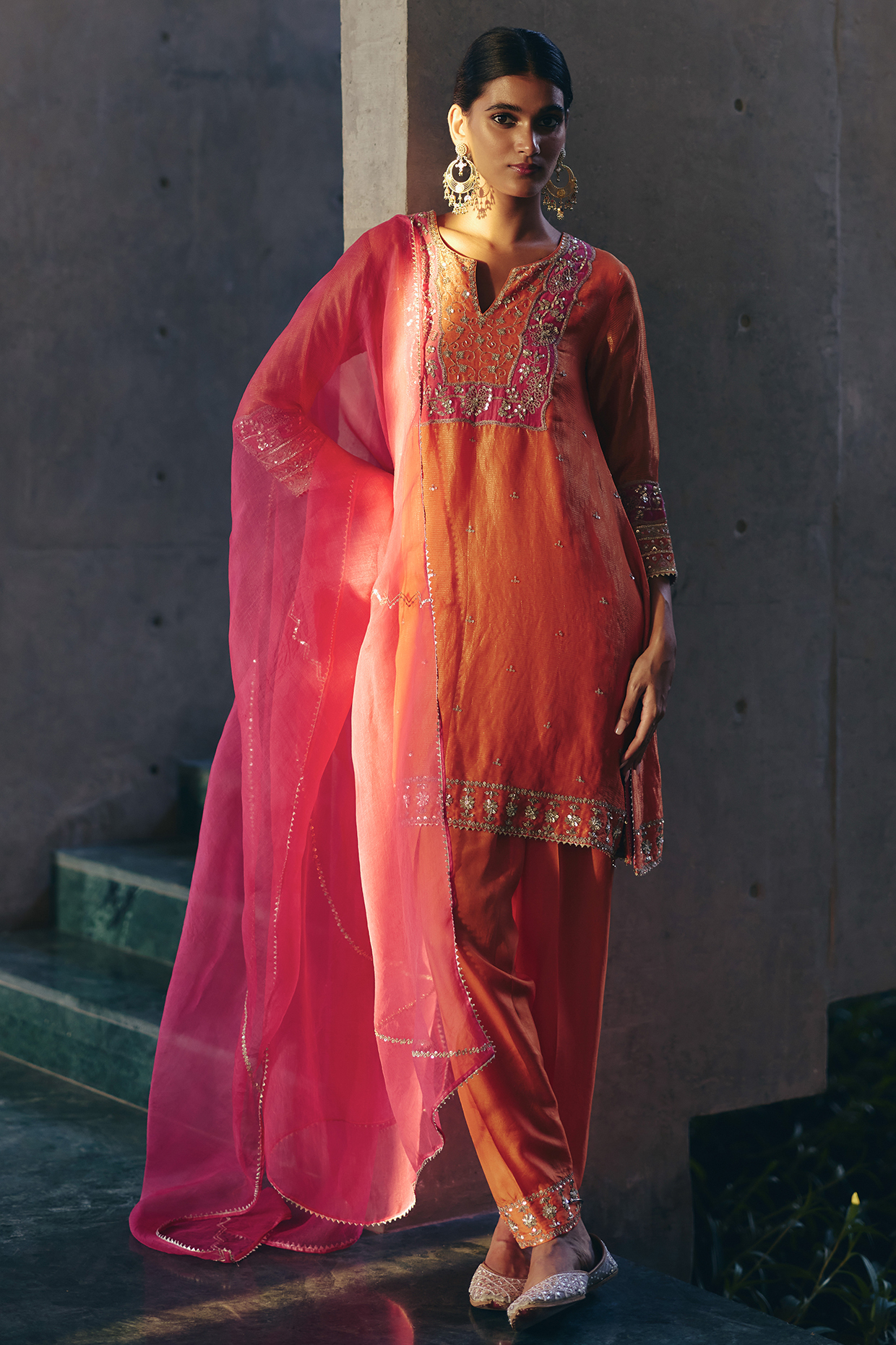 Orange Stripe Tissue Hand Embroidered Kurta Set by Label Nimbus at Pernia's Pop Up Shop