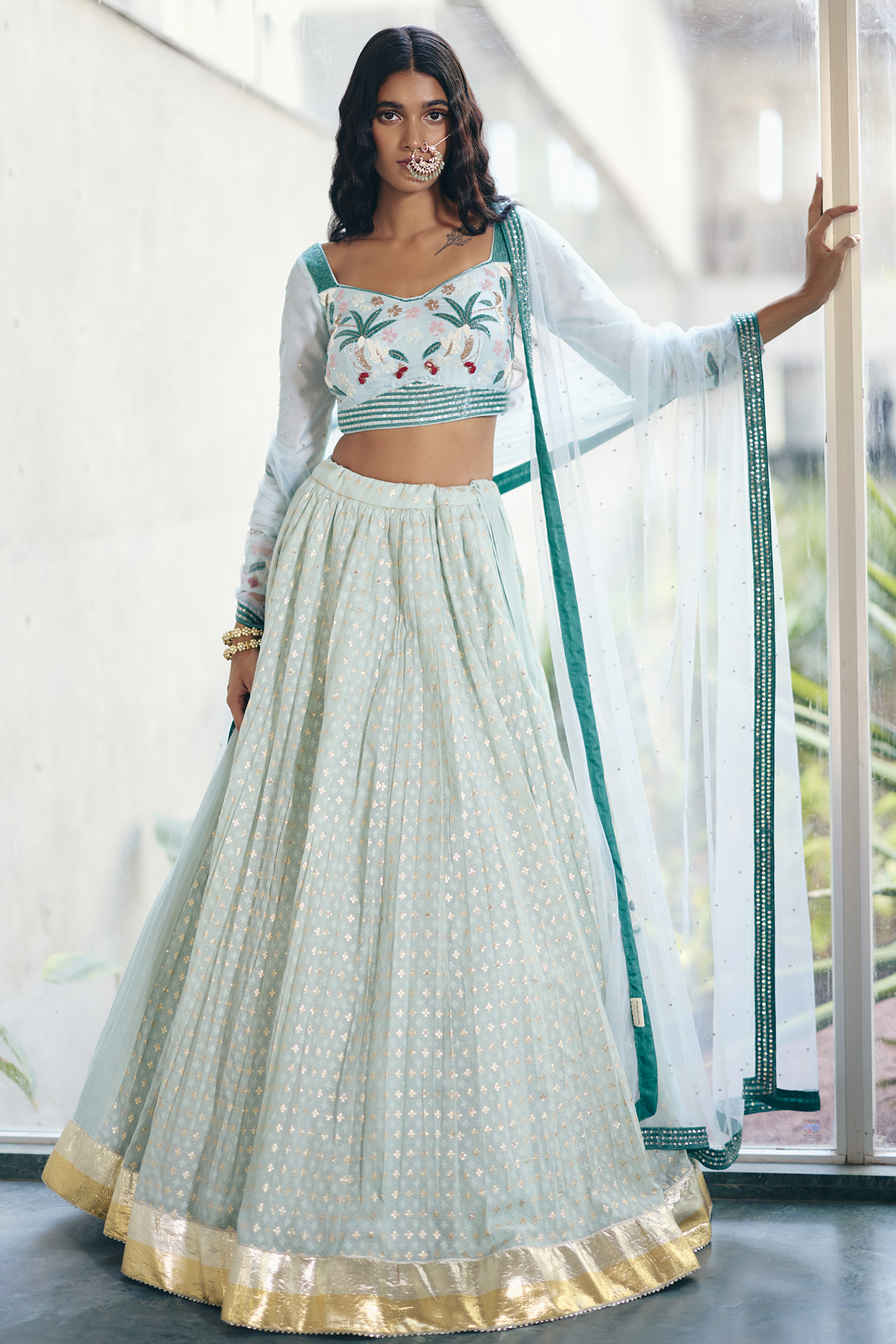 Sea Green Chanderi Hand Embroidered Wedding Lehenga Set by Label Nimbus at Pernia's Pop Up Shop