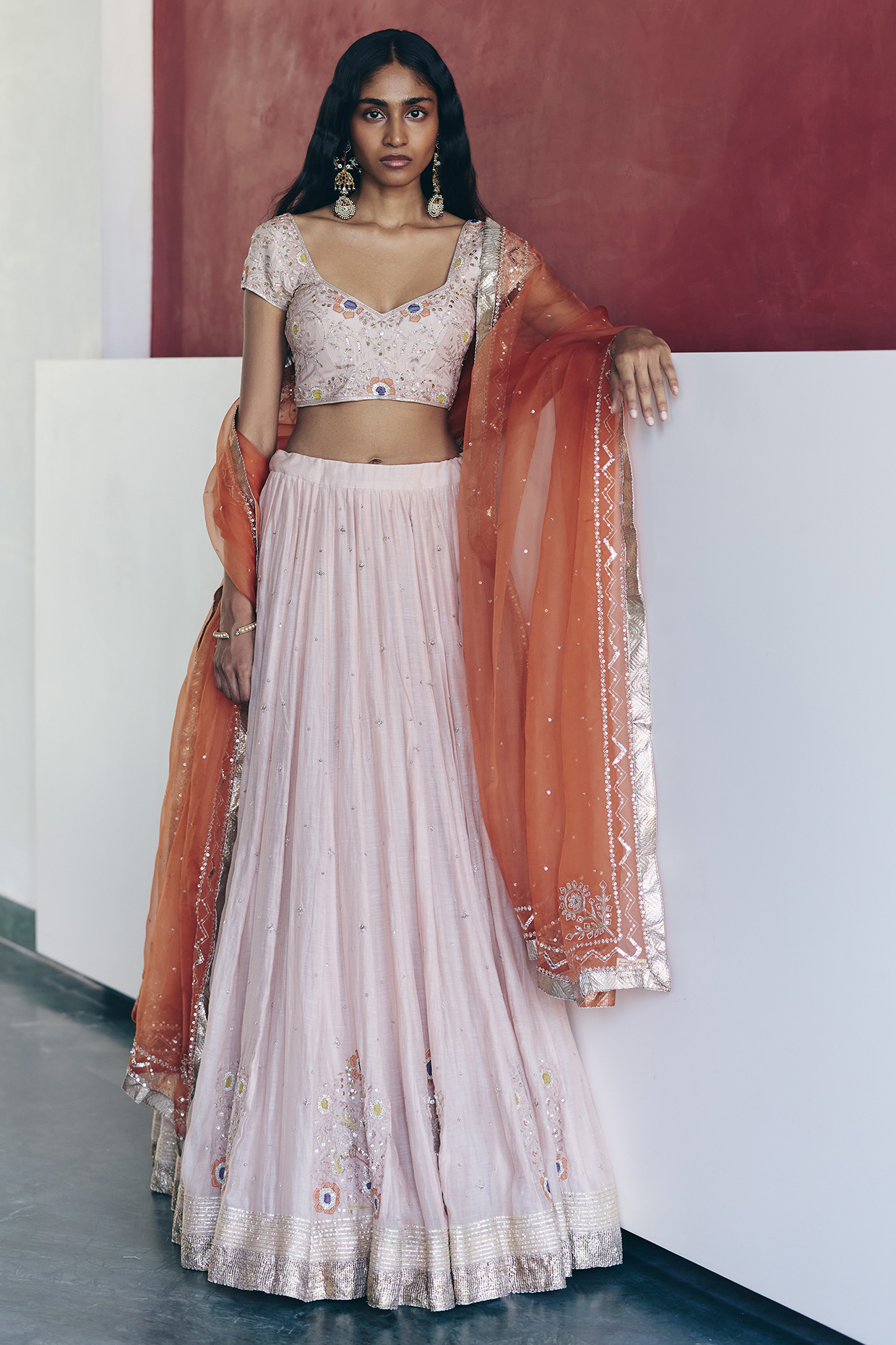 Blush Pink Chanderi Hand Embroidered Bridal Lehenga Set by Label Nimbus at Pernia's Pop Up Shop