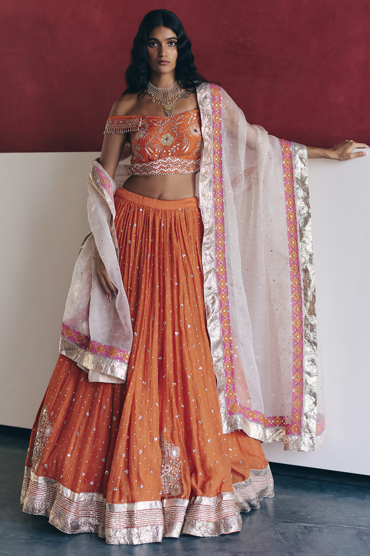 Orange Chanderi Hand Embroidered Bridal Lehenga Set by Label Nimbus at Pernia's Pop Up Shop