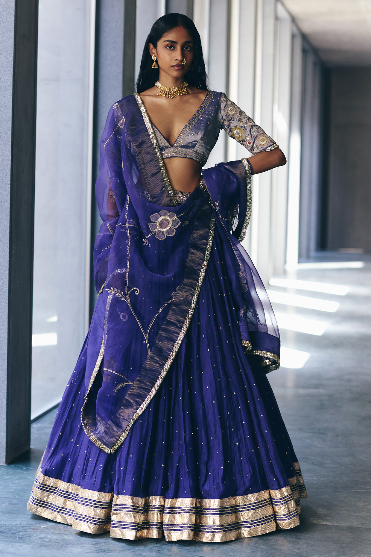 Iris Blue Chanderi Hand Embroidered Wedding Lehenga Set by Label Nimbus at Pernia's Pop Up Shop