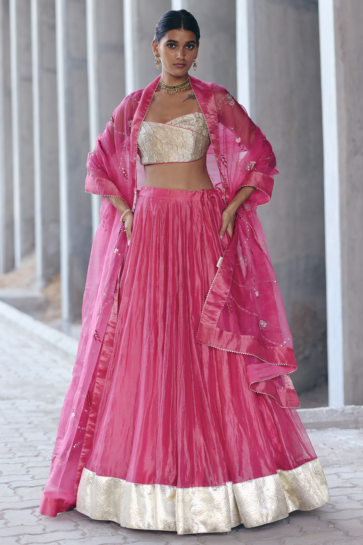 Rani Pink Stripe Tissue Wedding Lehenga Set by Label Nimbus at Pernia's Pop Up Shop