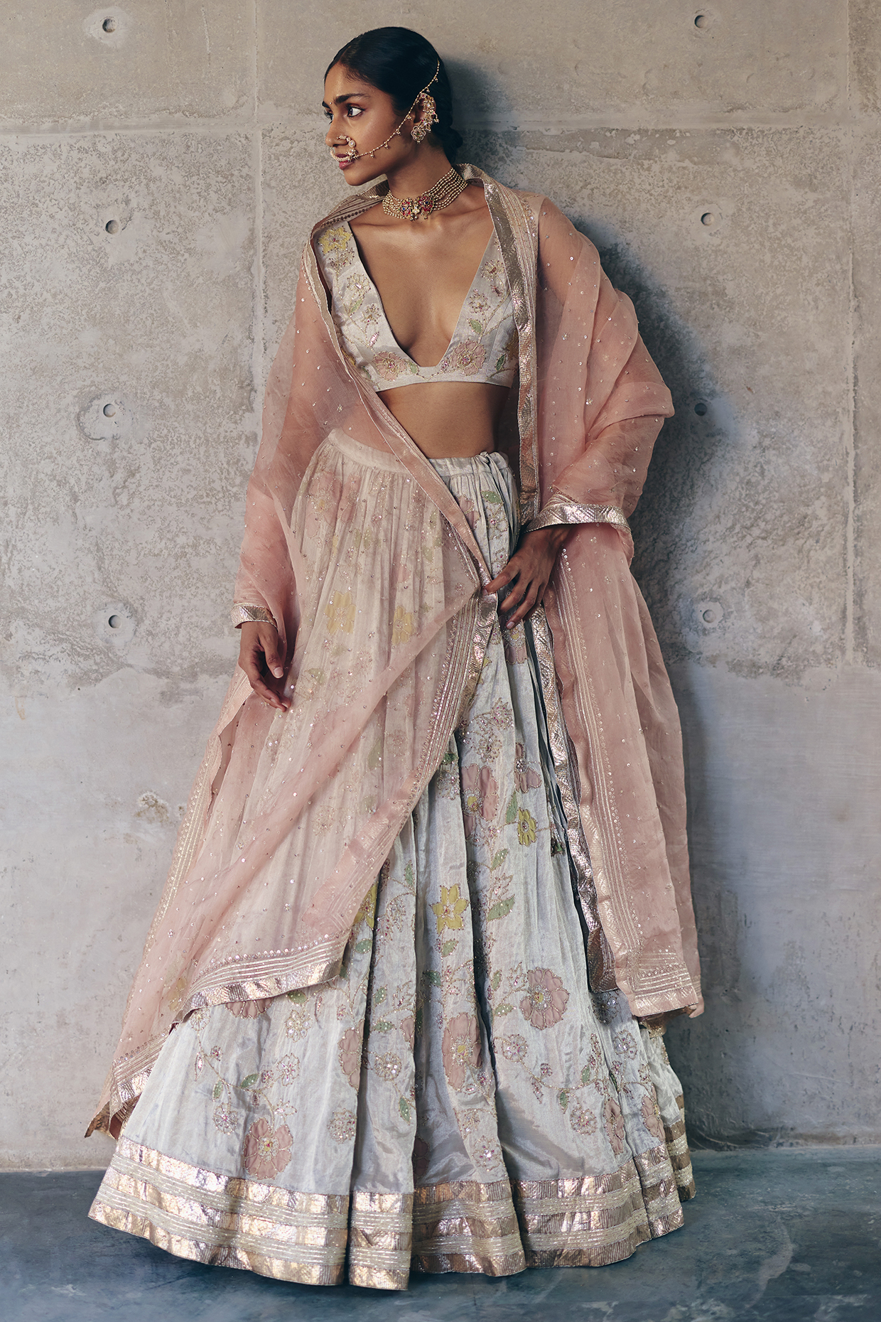 Silver Pure Tissue Hand Embroidered Bridal Lehenga Set by Label Nimbus at Pernia's Pop Up Shop