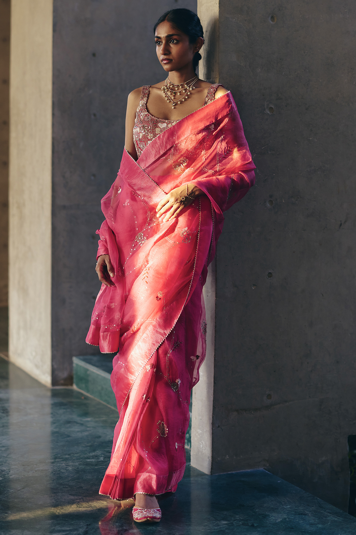Rani Pink Pure Organza Hand Embroidered Reception Saree Set by Label Nimbus at Pernia's Pop Up Shop