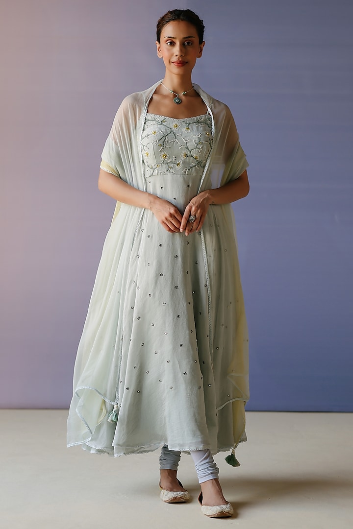 Ice Blue Chanderi Hand Embroidered Anarkali Set by Label Nimbus at Pernia's Pop Up Shop