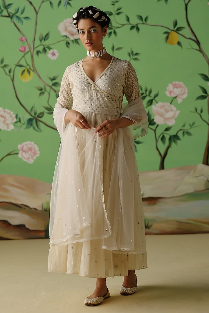 Ivory Chanderi Hand Embroidered Angrakha Anarkali Set by Label Nimbus at Pernia's Pop Up Shop