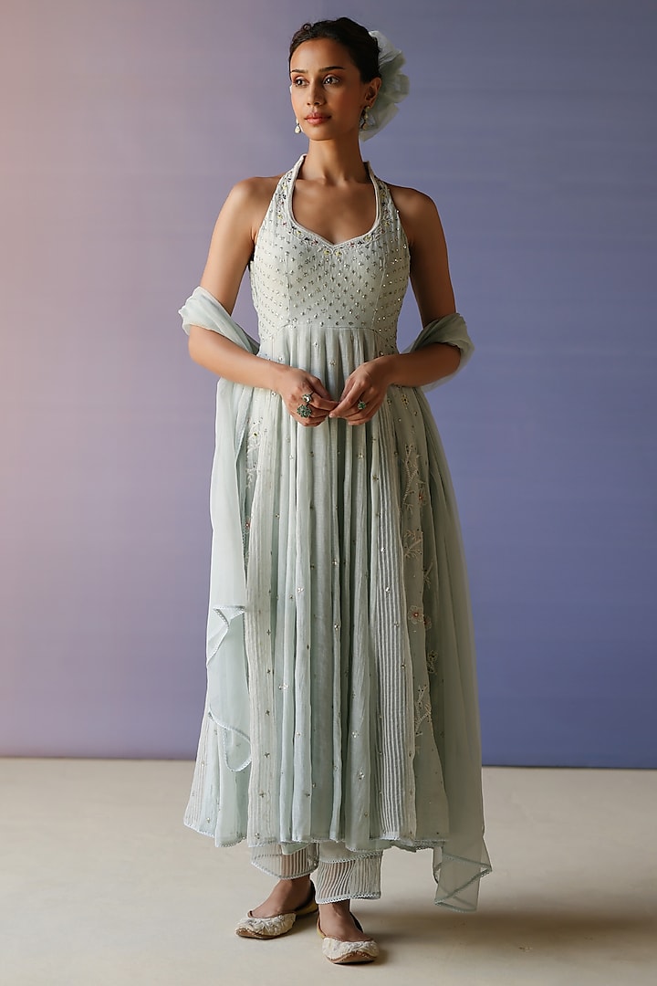 Ice Blue Chanderi Hand Embroidered Anarkali Set by Label Nimbus at Pernia's Pop Up Shop