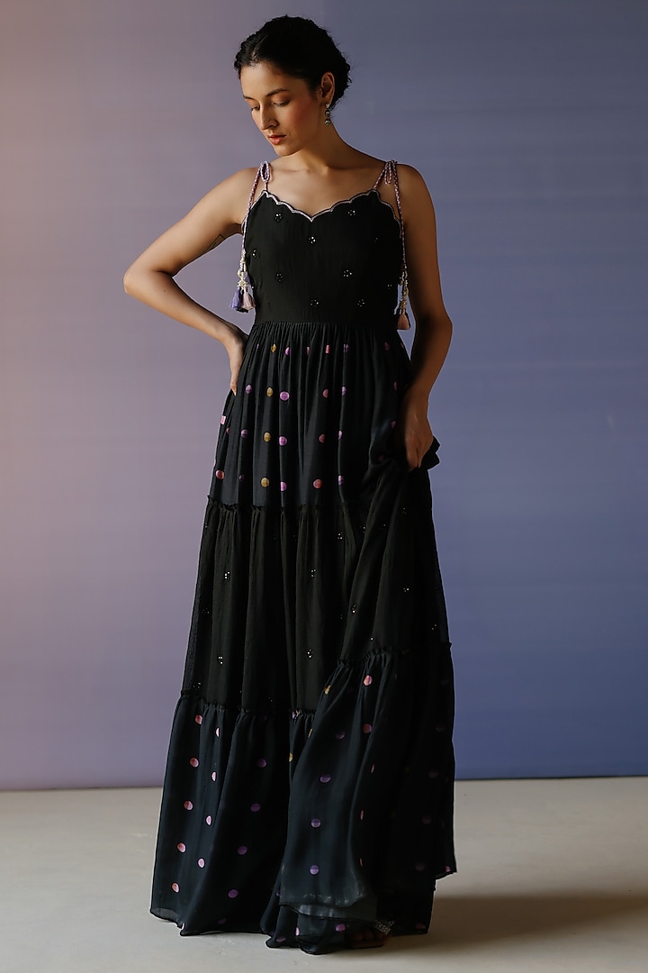 Black Cotton Silk Polka Dot Printed Maxi Dress by Label Nimbus at Pernia's Pop Up Shop