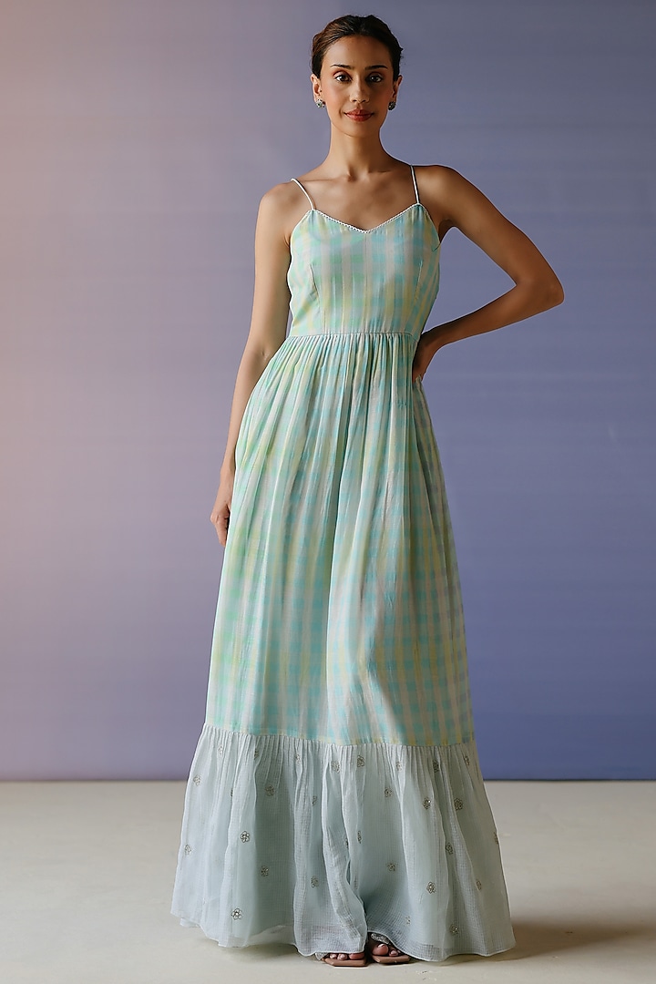 Blue & Green Ombre Chanderi Hand Embroidered & Checkered Maxi Dress by Label Nimbus at Pernia's Pop Up Shop