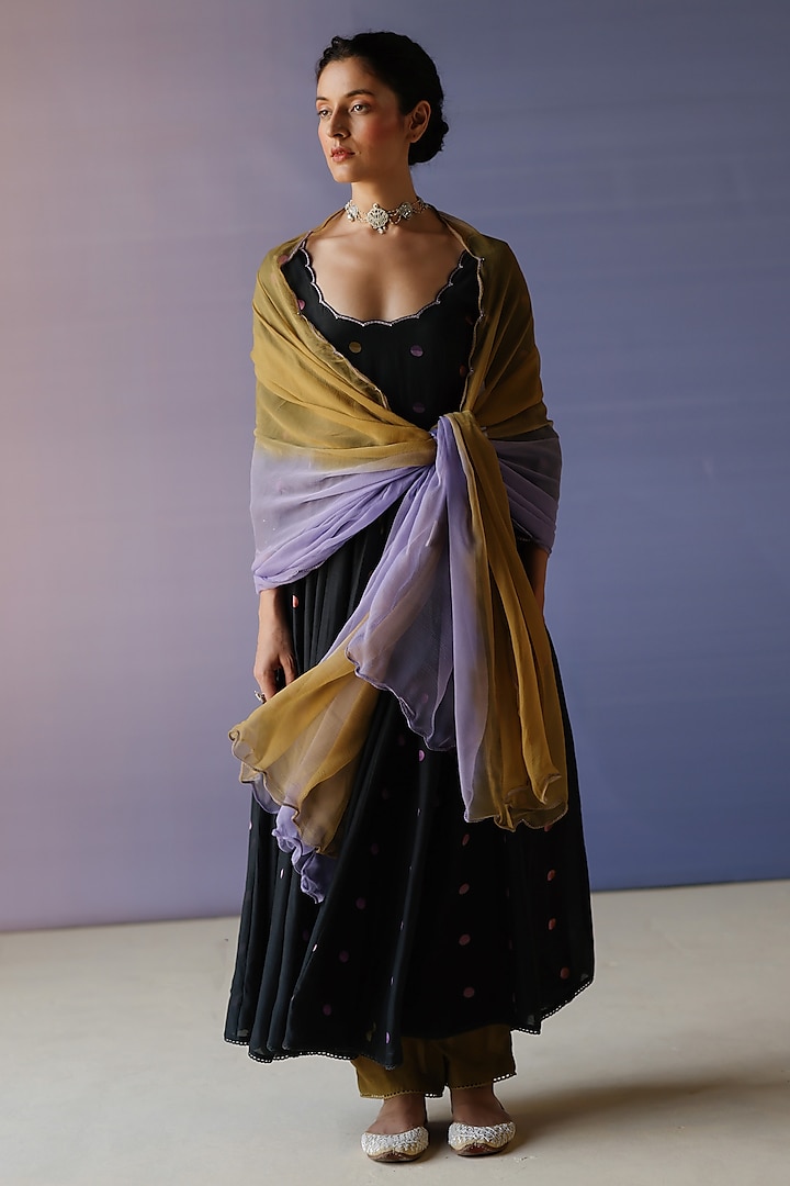 Black Cotton Silk Printed & Embroidered Anarkali Set by Label Nimbus at Pernia's Pop Up Shop