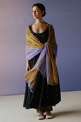 Black Cotton Silk Printed & Embroidered Anarkali Set by Label Nimbus