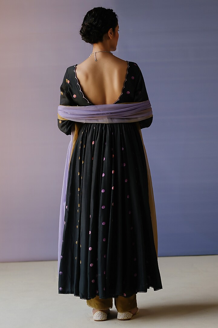 Black Cotton Silk Printed & Embroidered Party Wear Anarkali Set by Label Nimbus at Pernia's Pop Up Shop
