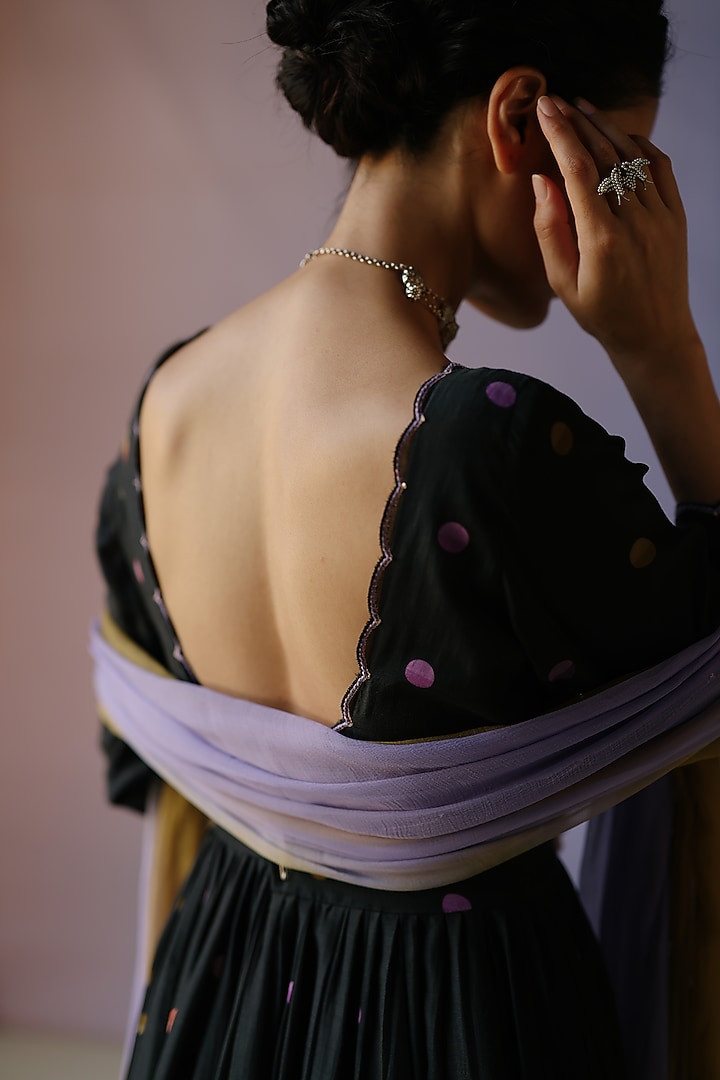 Black Cotton Silk Printed & Embroidered Party Wear Anarkali Set by Label Nimbus at Pernia's Pop Up Shop