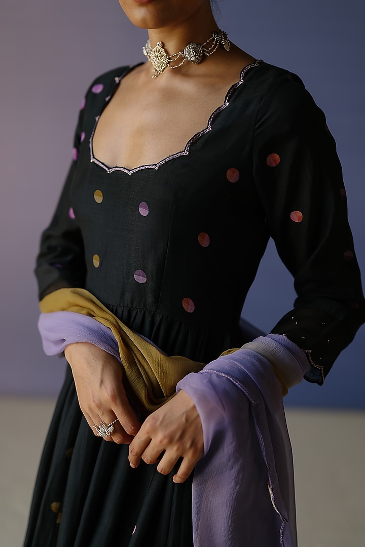 Black Cotton Silk Printed & Embroidered Party Wear Anarkali Set by Label Nimbus at Pernia's Pop Up Shop