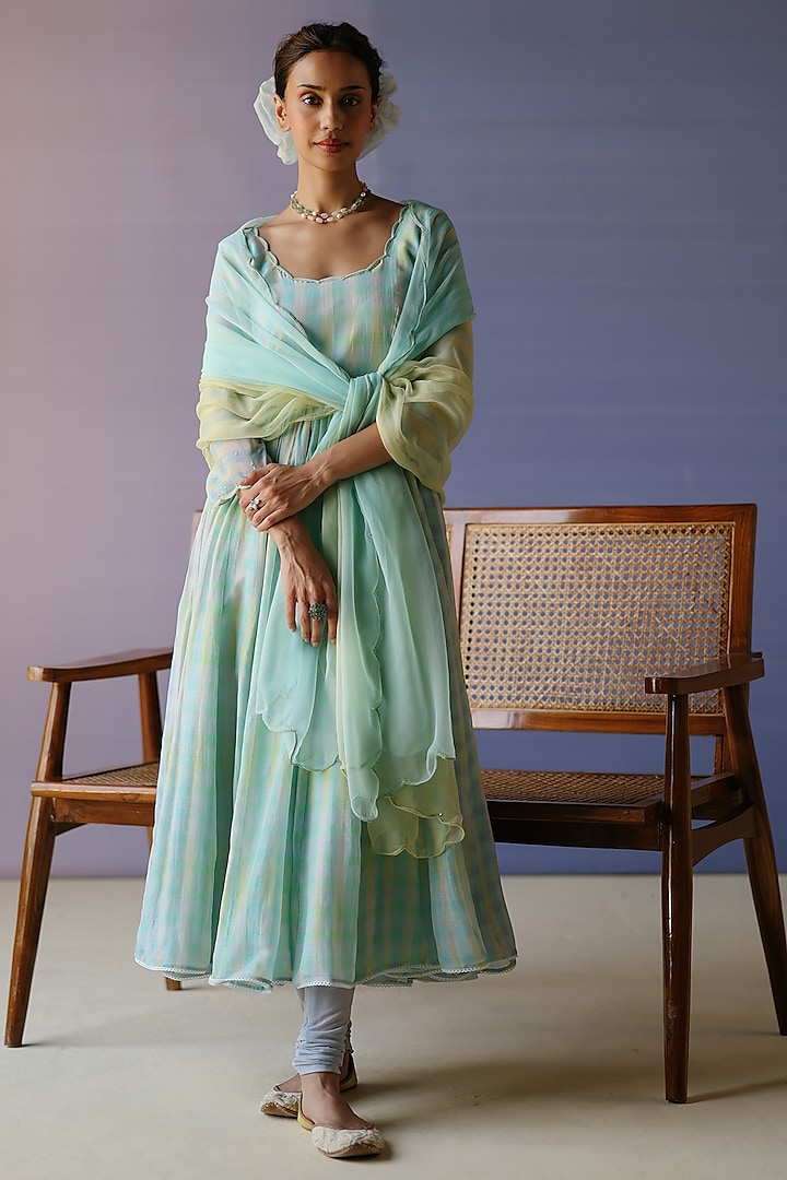 Blue Ombre Chanderi Hand Embroidered & Checkered Anarkali Set by Label Nimbus at Pernia's Pop Up Shop