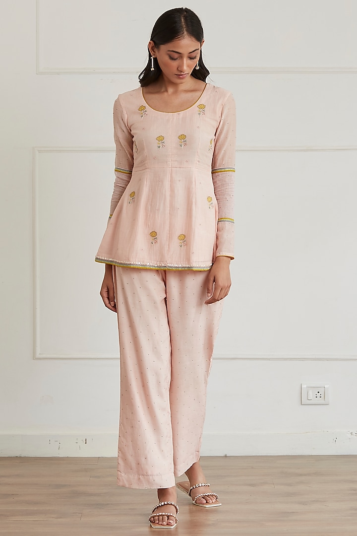 Rose Pink Hand Embroidered Pant Set by Label Nimbus