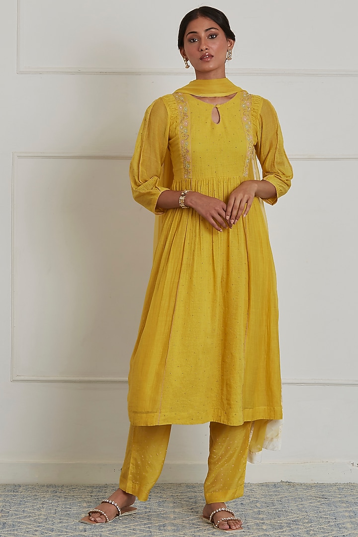 Mustard Yellow Embroidered Anarkali Set by Label Nimbus at Pernia's Pop Up Shop