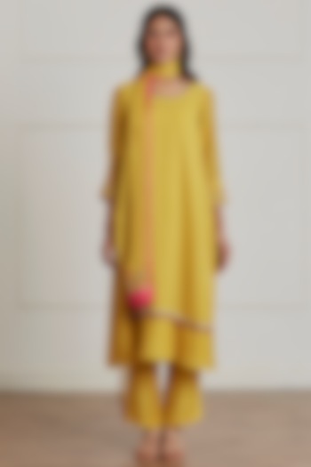 Mustard Yellow Chanderi & Kota Layered Kurta Set by Label Nimbus