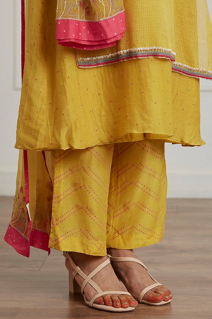 Mustard Yellow Chanderi & Kota Layered Kurta Set by Label Nimbus at Pernia's Pop Up Shop