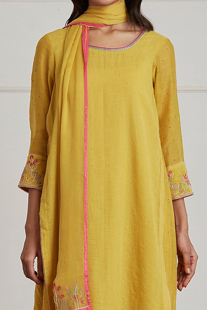 Mustard Yellow Chanderi & Kota Layered Kurta Set by Label Nimbus at Pernia's Pop Up Shop