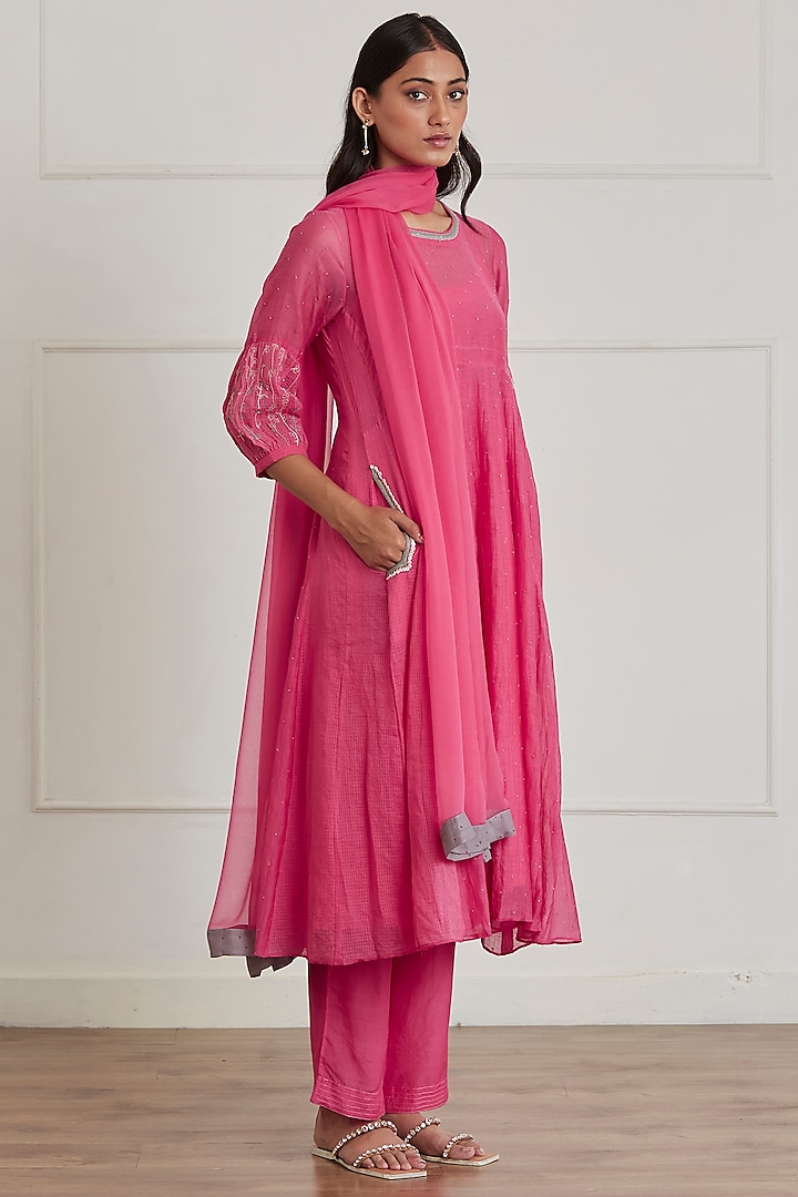 Fuchsia Pink Embroidered Anarkali Set by Label Nimbus