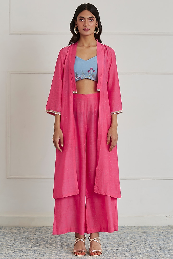 Fuchsia Pink Cotton Silk Jacket Set by Label Nimbus