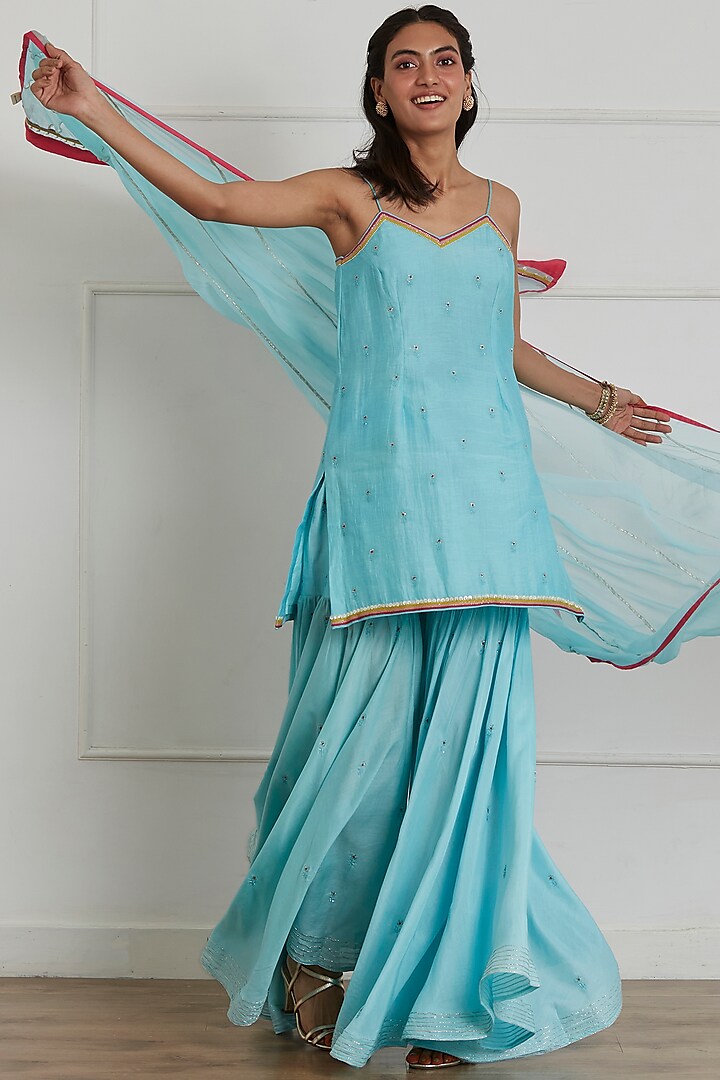 Turquoise Embroidered Sharara Set by Label Nimbus
