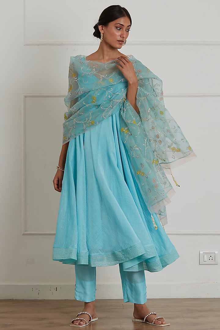 Turquoise Chanderi Anarkali Set by Label Nimbus at Pernia's Pop Up Shop