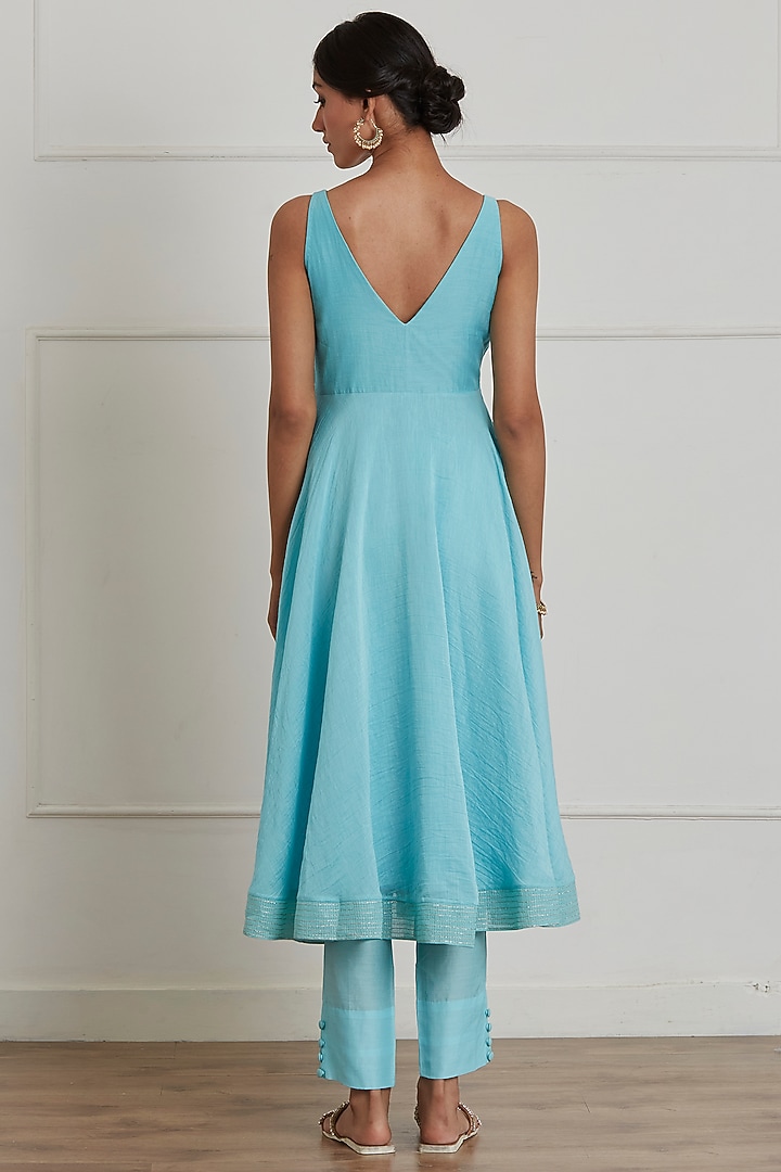 Turquoise Chanderi Party Wear Anarkali Set by Label Nimbus at Pernia's Pop Up Shop