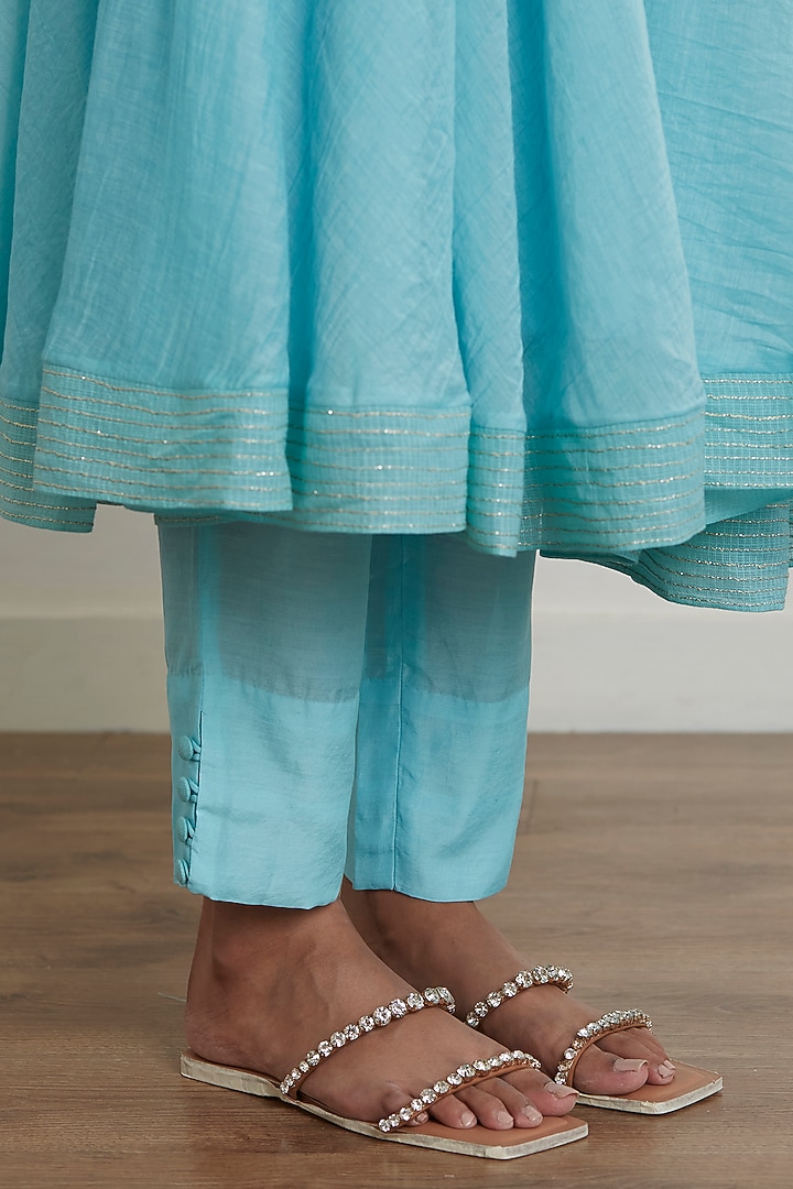 Turquoise Chanderi Party Wear Anarkali Set by Label Nimbus at Pernia's Pop Up Shop